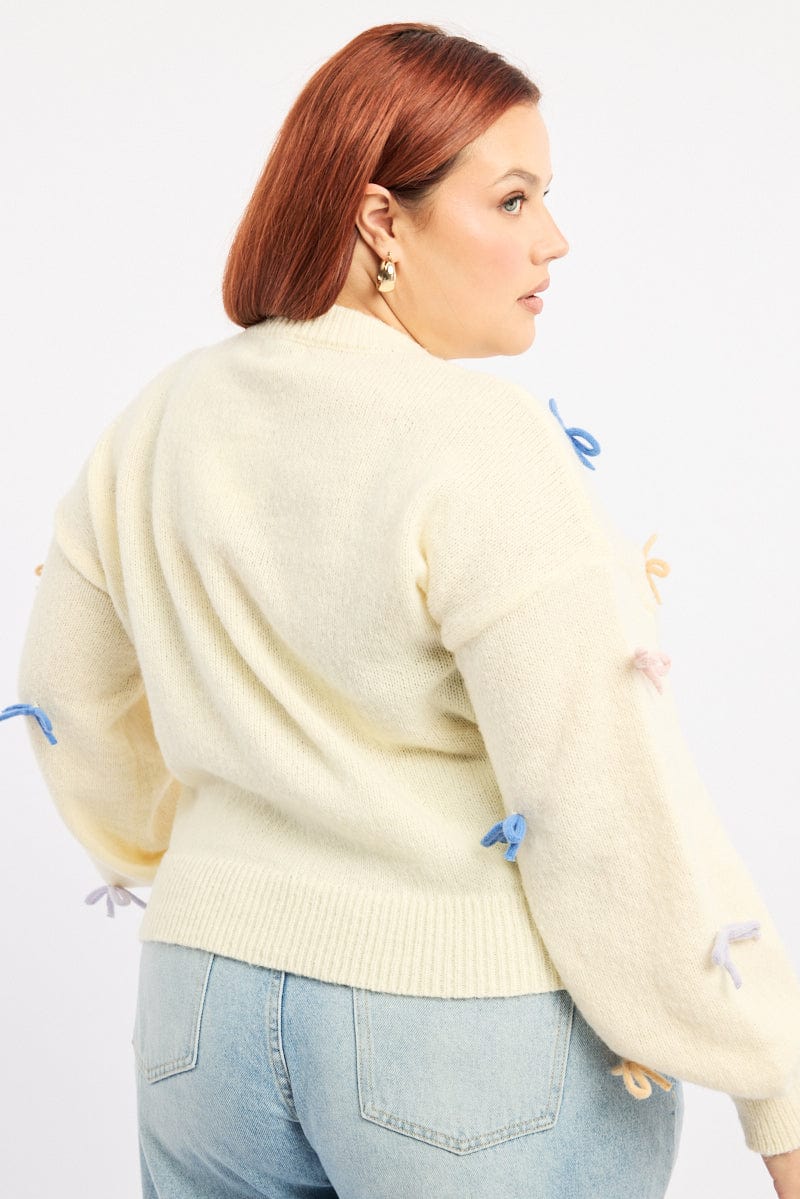 White Knit Jumper Long Sleeve Bow Tie Detail - Image 4