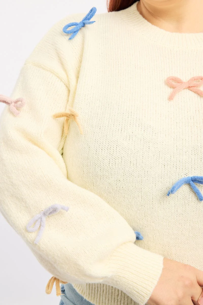 White Knit Jumper Long Sleeve Bow Tie Detail - Image 5