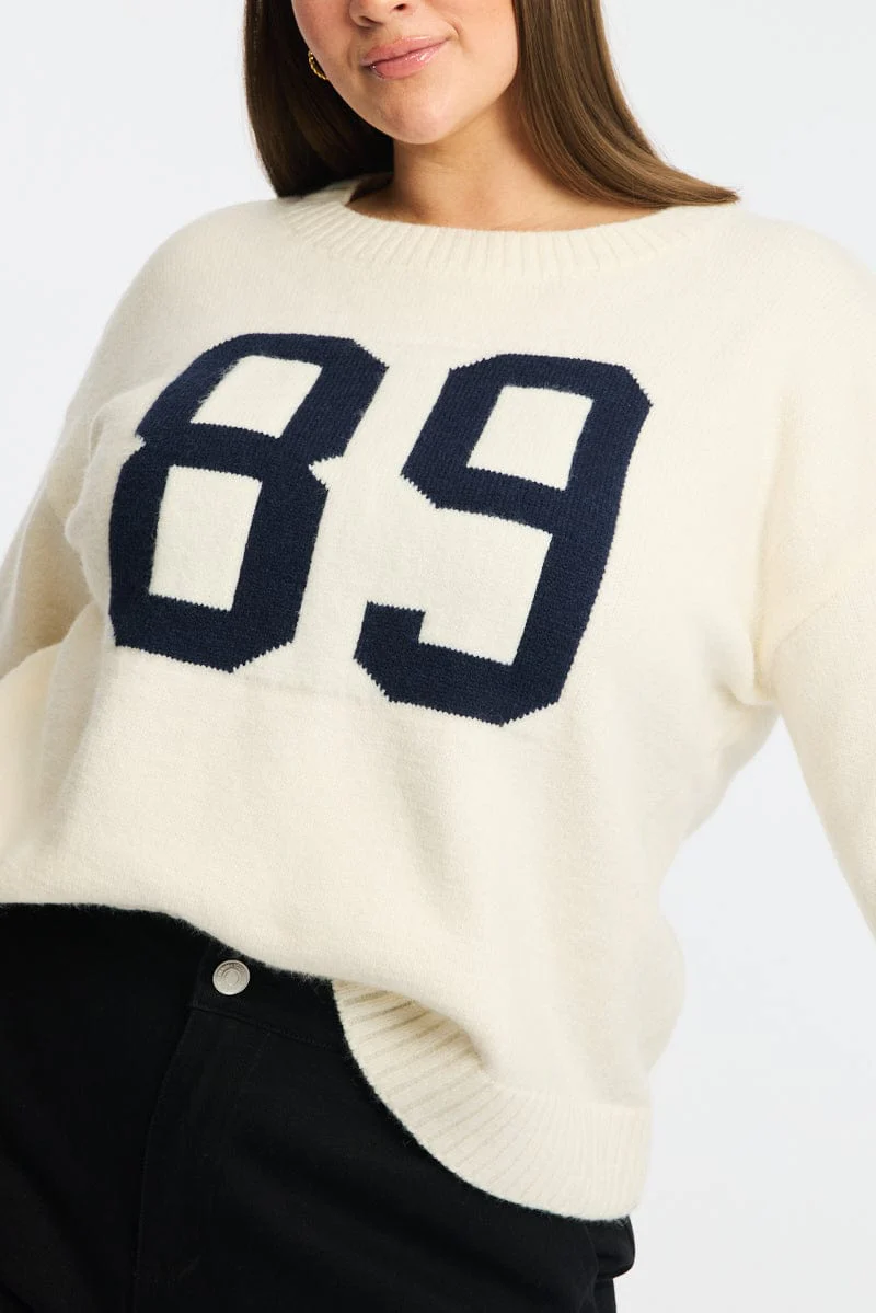 White Knit Jumper Long Sleeve Crew Neck - Image 5