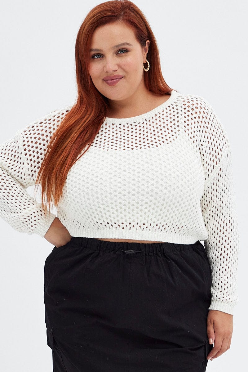 White Knit Jumper Long Sleeve Fishnet - Image 4