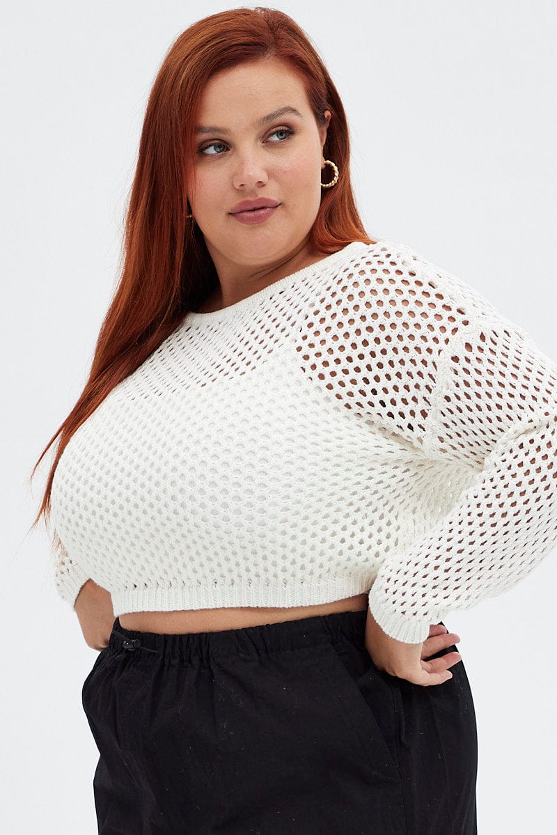 White Knit Jumper Long Sleeve Fishnet - Image 5