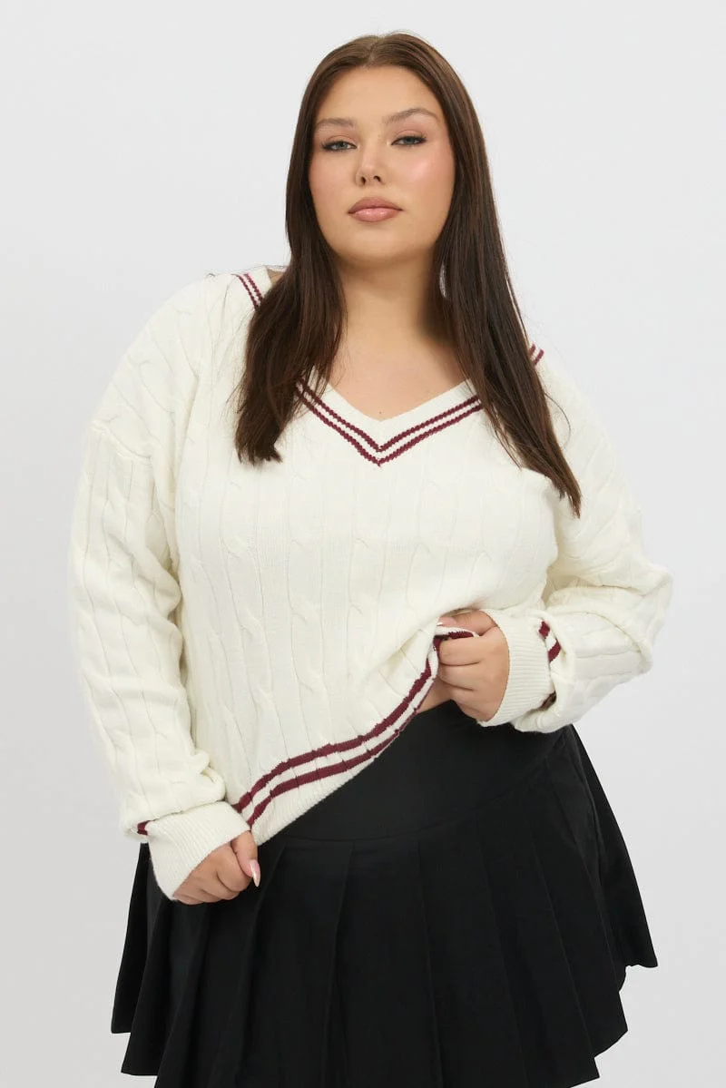 White Knit Jumper Long Sleeve V Neck - Image 2