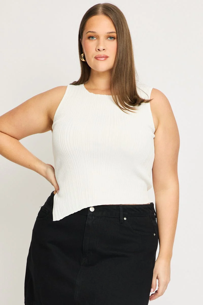 White Knit Top Asymmetric Hem Crew Neck