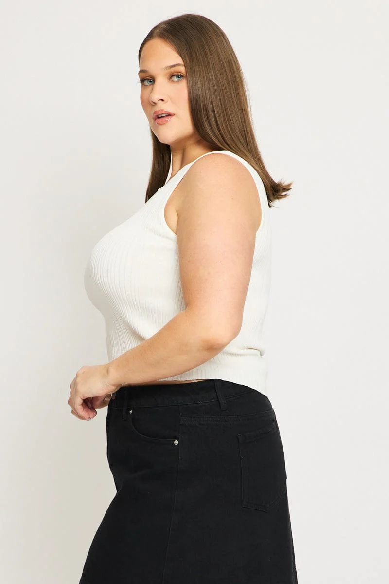 White Knit Top Asymmetric Hem Crew Neck - Image 3