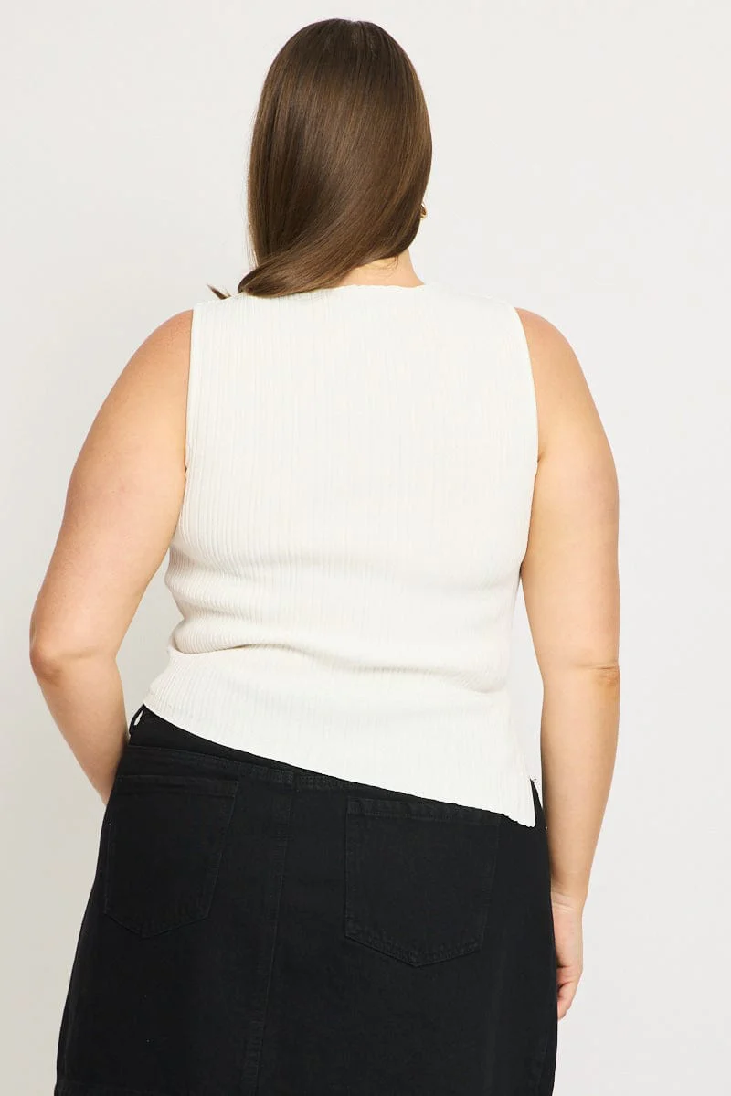 White Knit Top Asymmetric Hem Crew Neck - Image 4