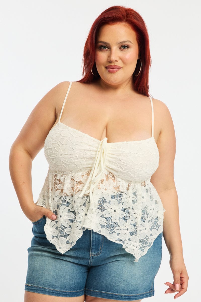 White Lace Cami Top Sleeveless Asymmetric Hem - Image 2