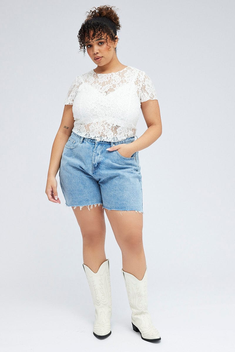 White Lace Crop Top Short Sleeve Round Neck - Image 2