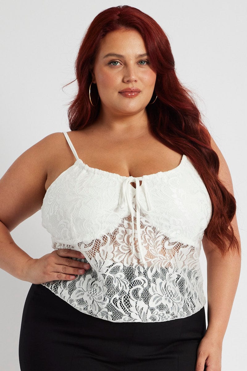 White Lace Singlet Top Sleeveless Longline Tie Front - Image 3