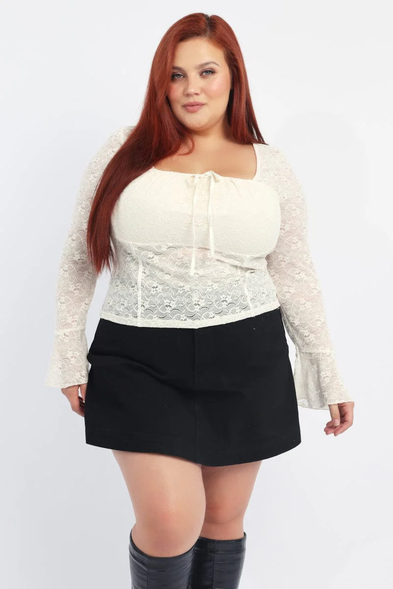 White Lace Top Long Sleeve Front Tie - Image 2