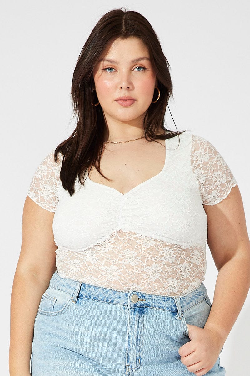 White Lace Top Short Sleeve V-neck - Image 3