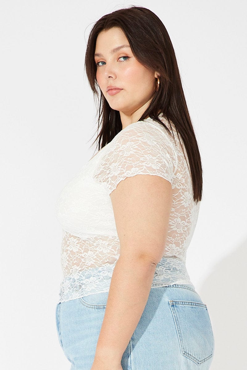 White Lace Top Short Sleeve V-neck - Image 4