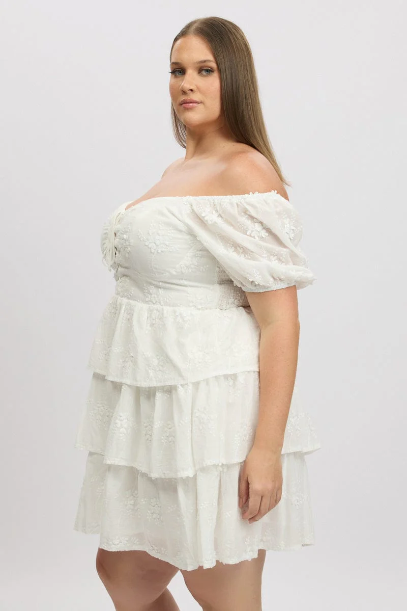 White Lace Up Front Embossed Cotton Mini Dress - Image 4