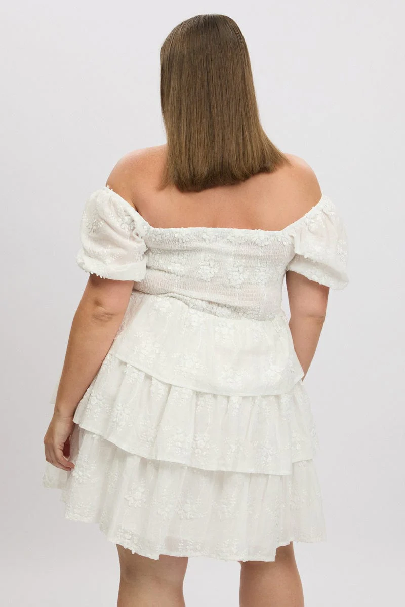 White Lace Up Front Embossed Cotton Mini Dress - Image 5