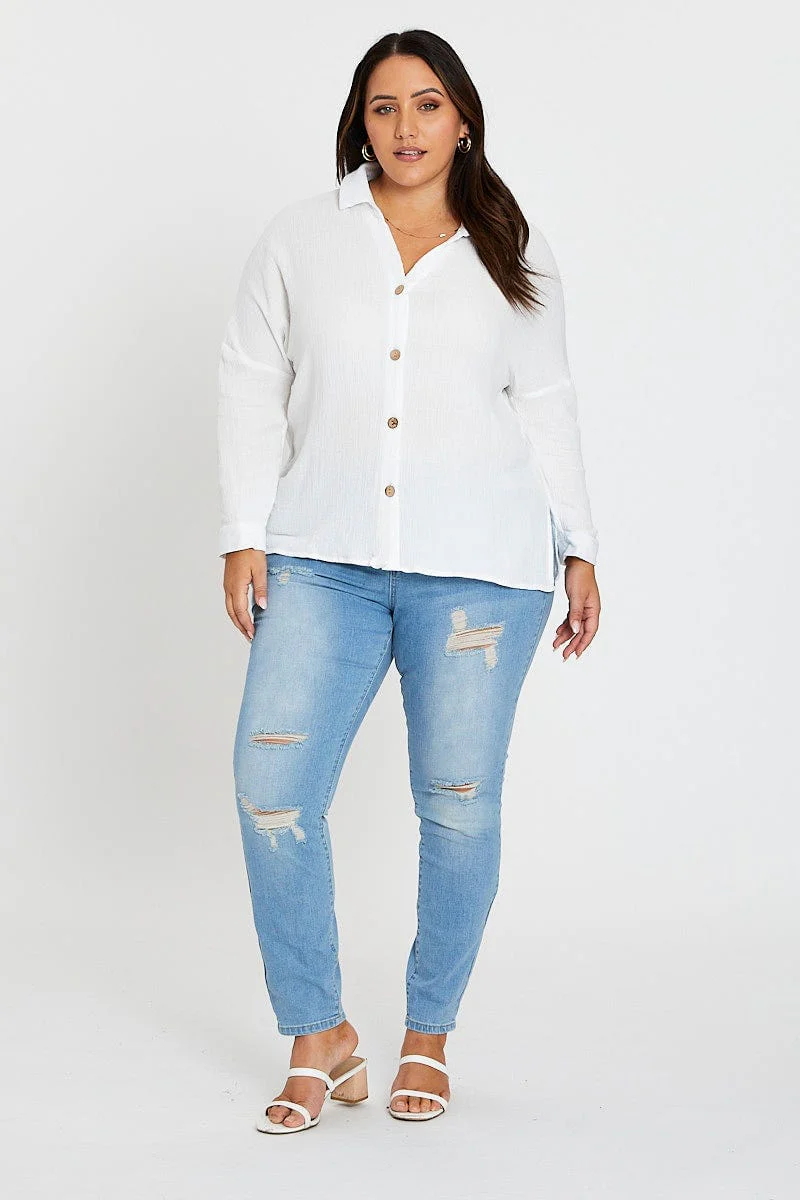 White Long Sleeve Cotton Crush Shirt - Image 2