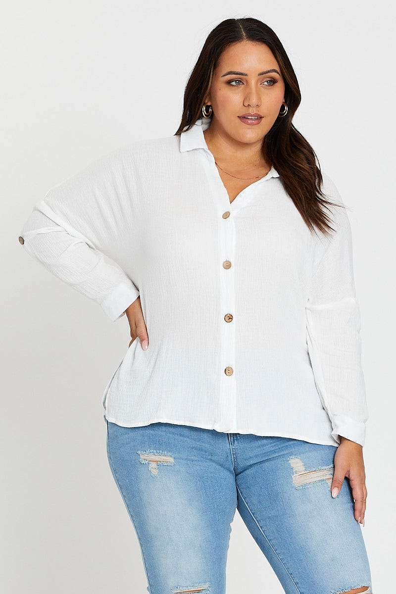 White Long Sleeve Cotton Crush Shirt - Image 3