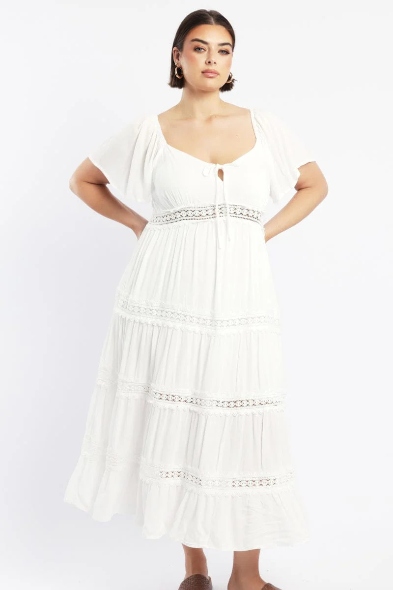 White Maxi Dress Short Sleeve Tiered Crochet - Image 2