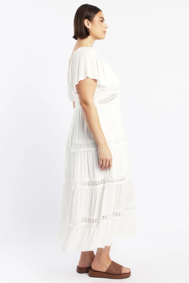 White Maxi Dress Short Sleeve Tiered Crochet - Image 3