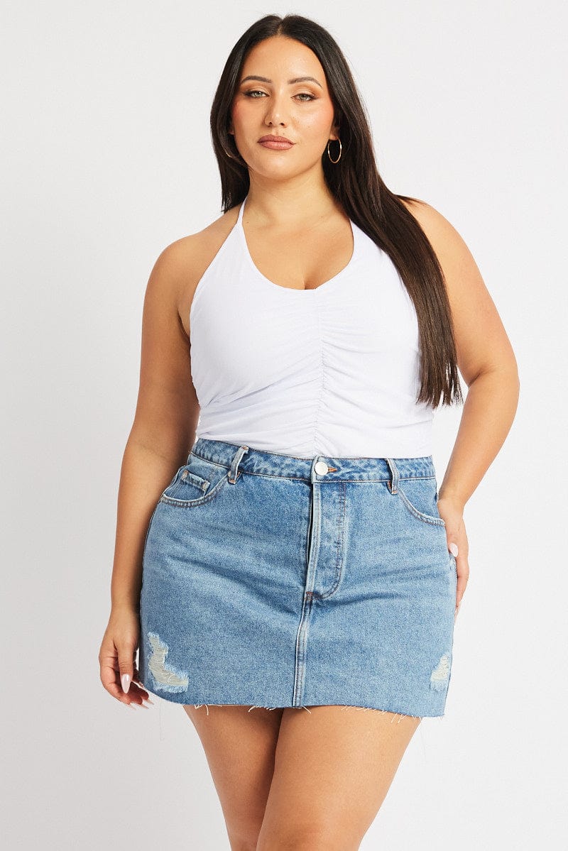 White Mesh Top Shirred V Neck - Image 3