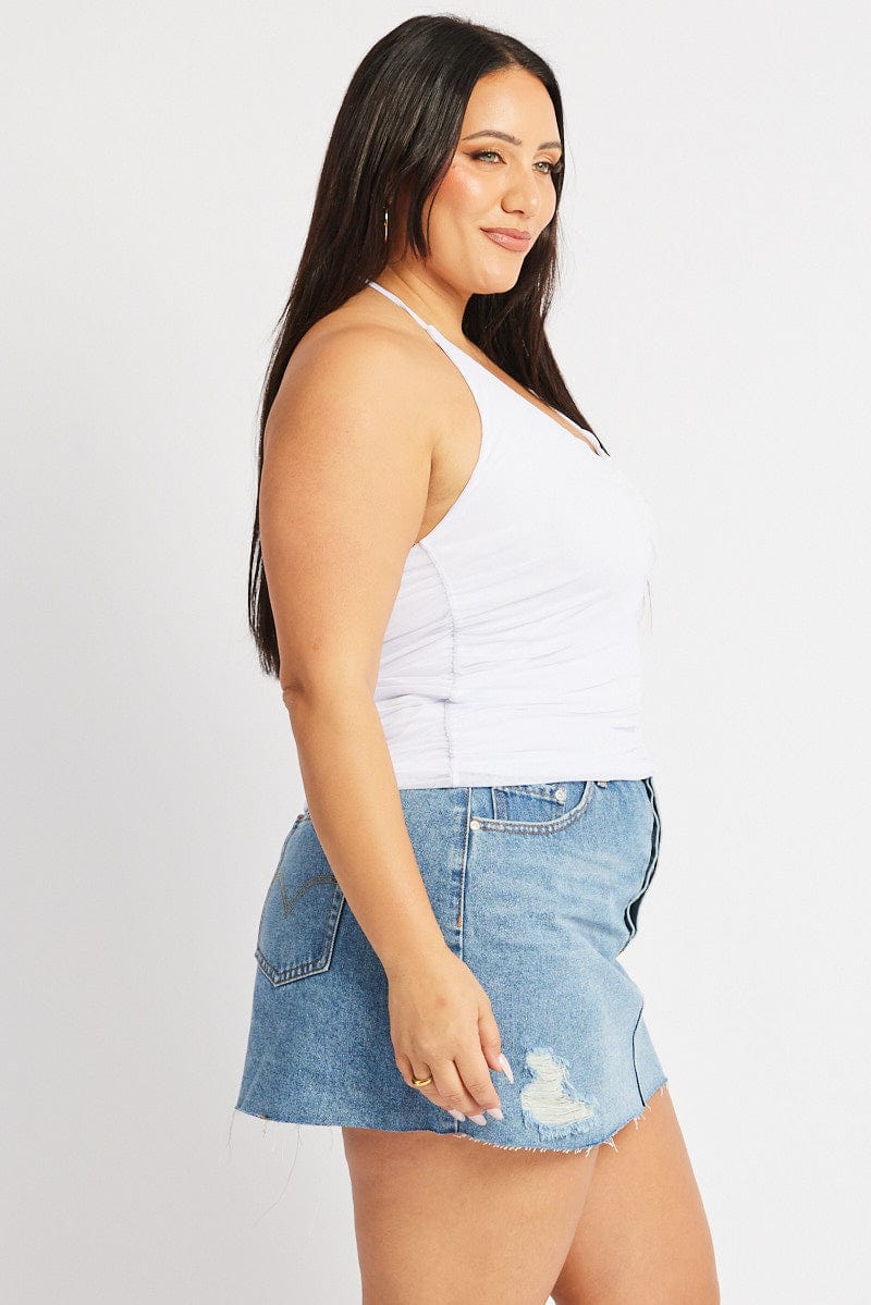 White Mesh Top Shirred V Neck - Image 4