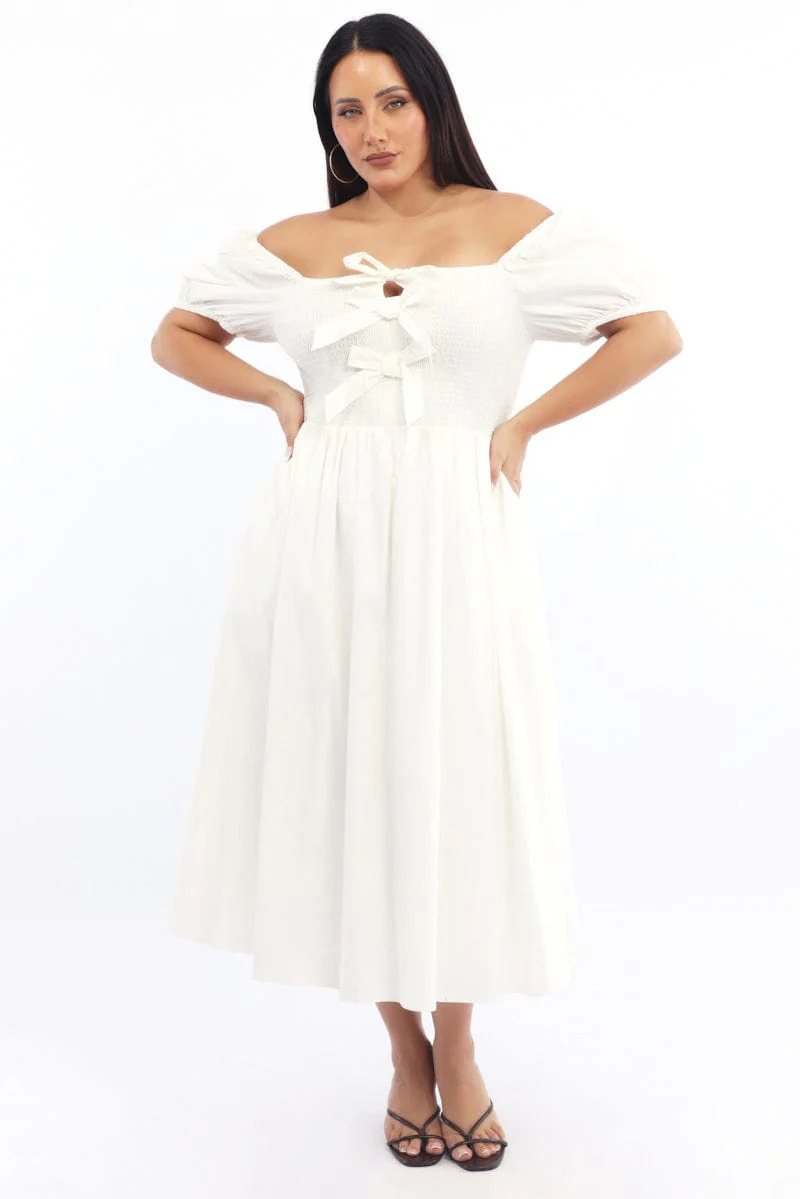 White Midi Dress Short Sleeve Shirred Body Ribbon Front