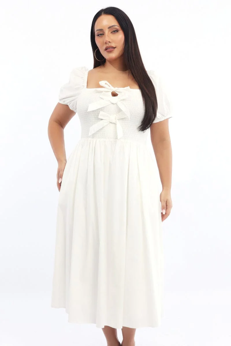 White Midi Dress Short Sleeve Shirred Body Ribbon Front - Image 2