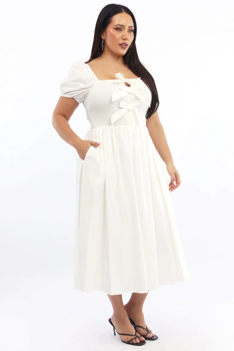 White Midi Dress Short Sleeve Shirred Body Ribbon Front - Image 3