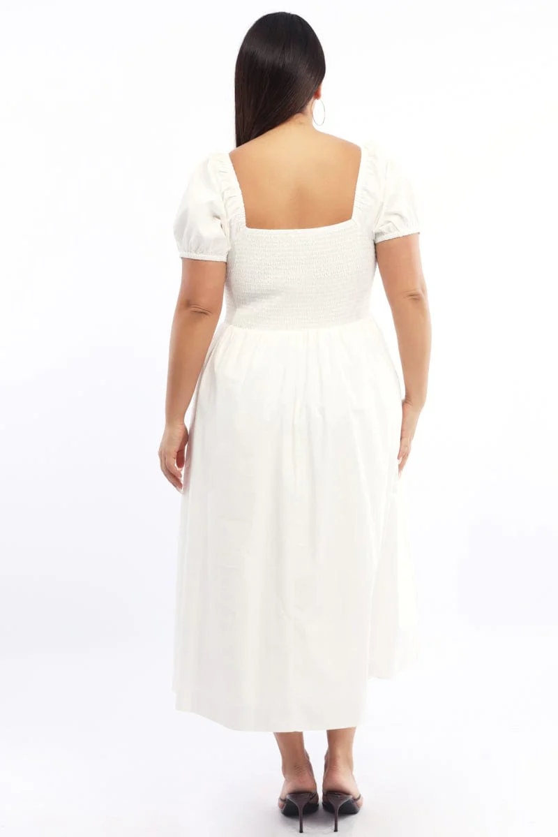 White Midi Dress Short Sleeve Shirred Body Ribbon Front - Image 4