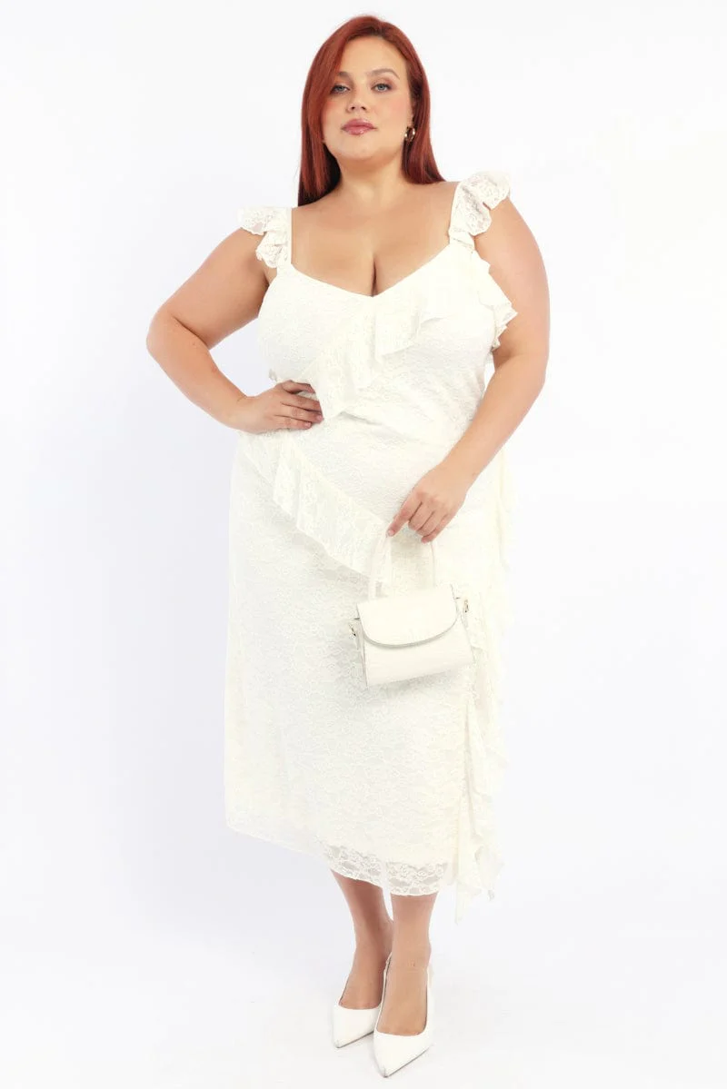 White Midi Dress Sleeveless Lace Ruffle
