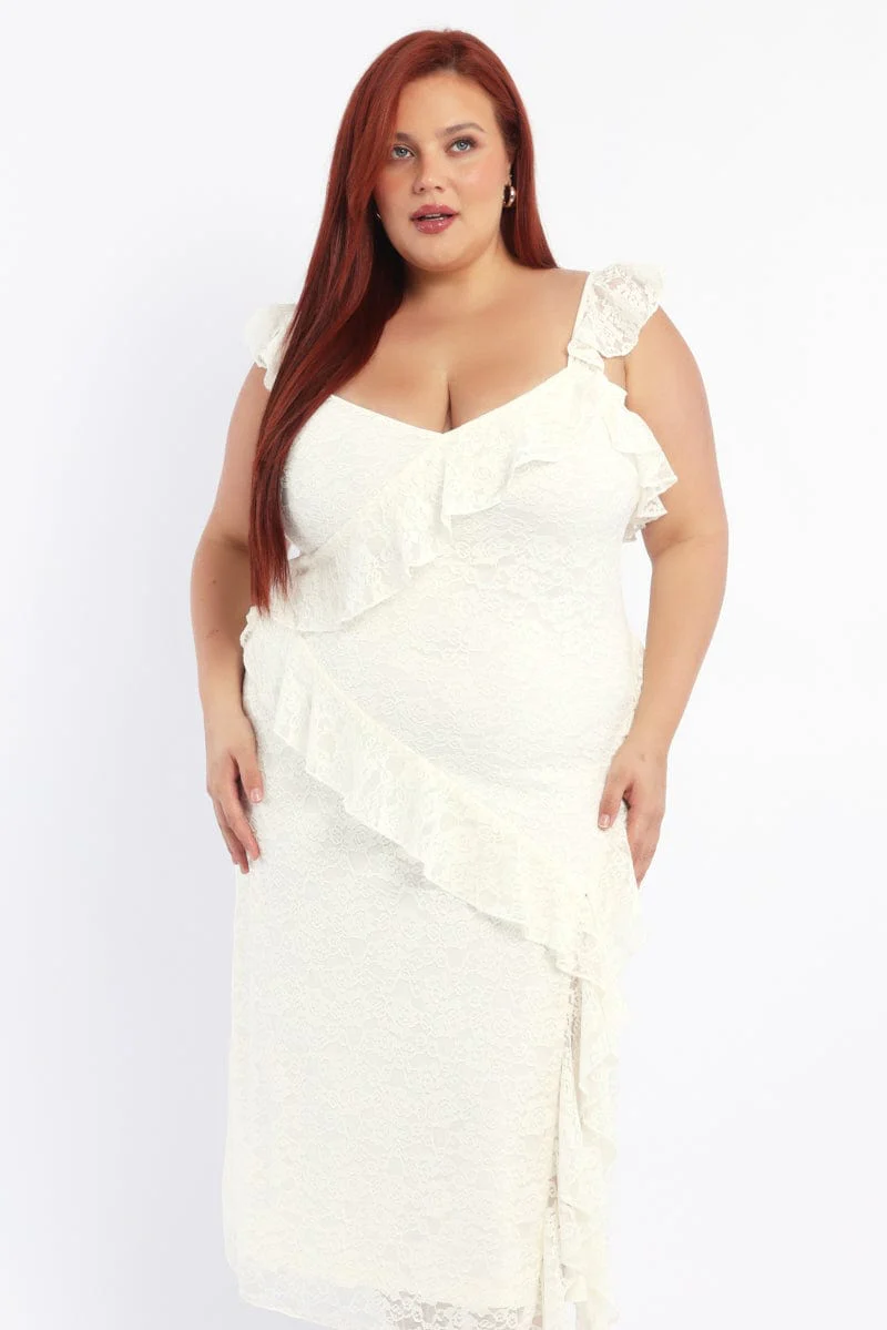 White Midi Dress Sleeveless Lace Ruffle - Image 2