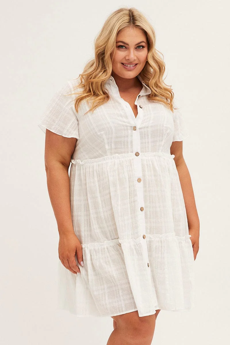 White Mini Dress Short Sleeve Button Front Textured - Image 3