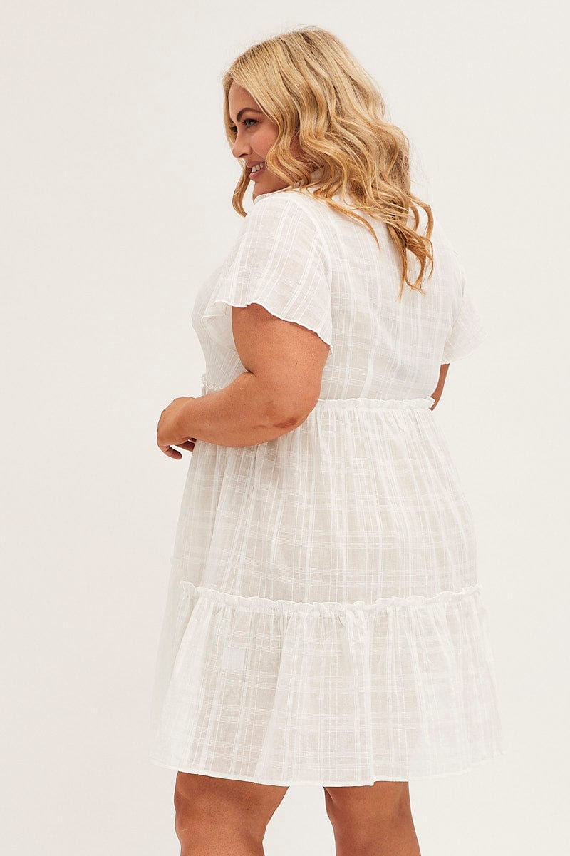 White Mini Dress Short Sleeve Button Front Textured - Image 4