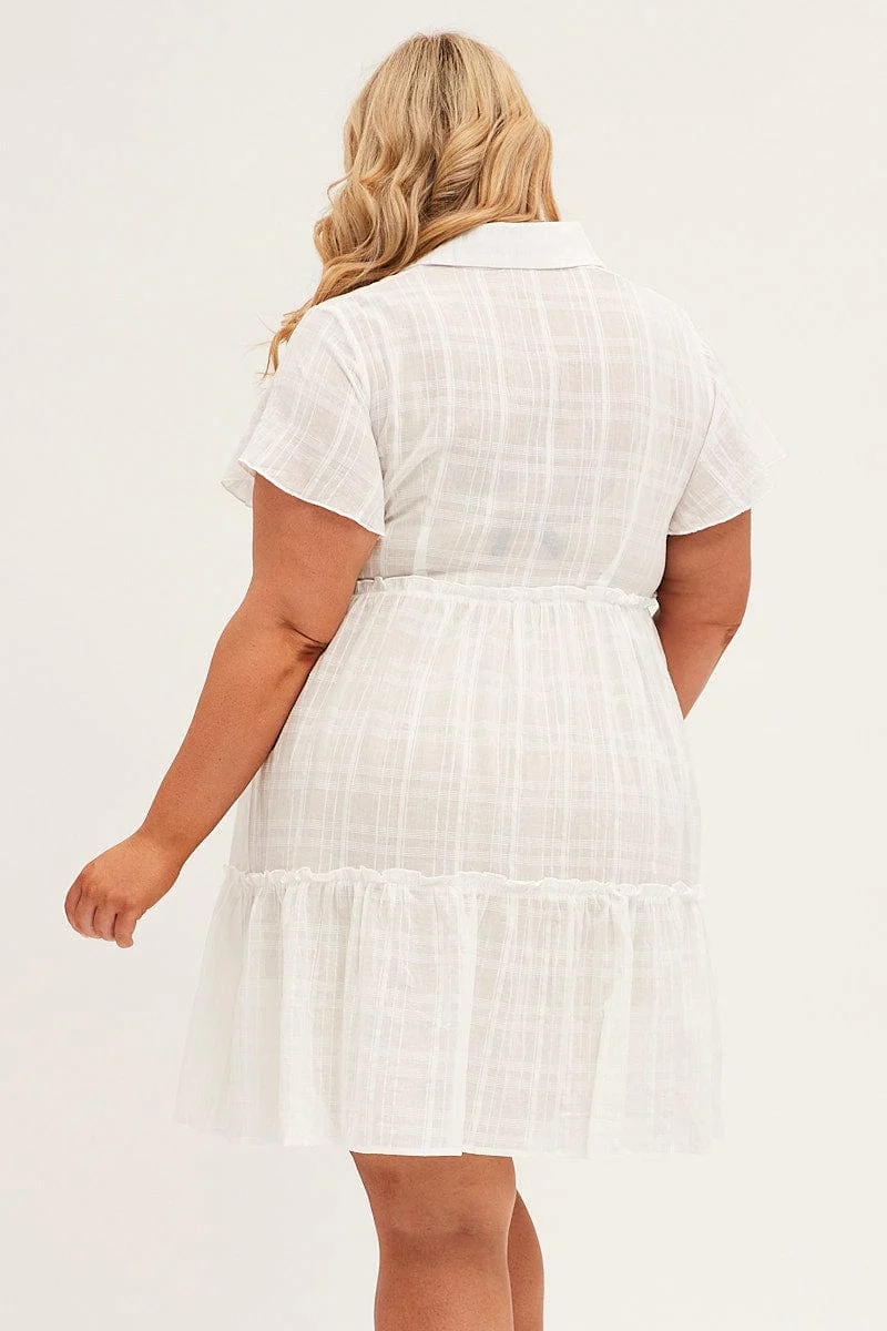 White Mini Dress Short Sleeve Button Front Textured - Image 5