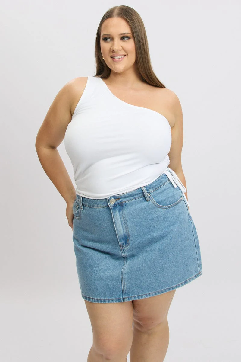 White One Shoulder Top Ruched Side - Image 3
