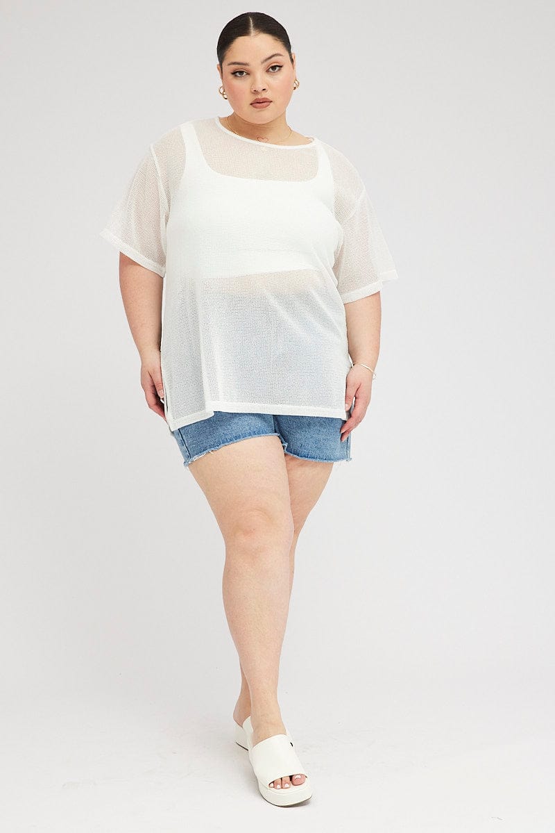 White Oversized Knit Top Short Sleeve Crew Neck - Image 2