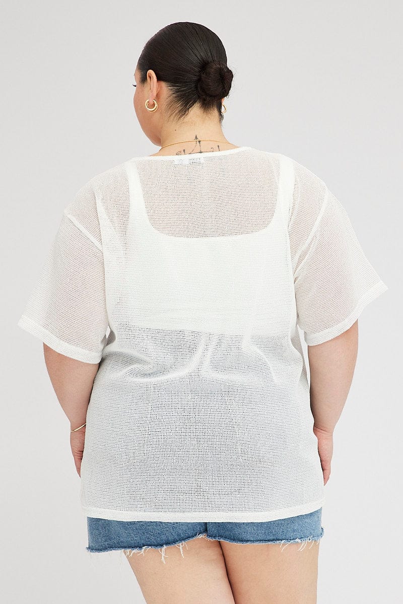 White Oversized Knit Top Short Sleeve Crew Neck - Image 5