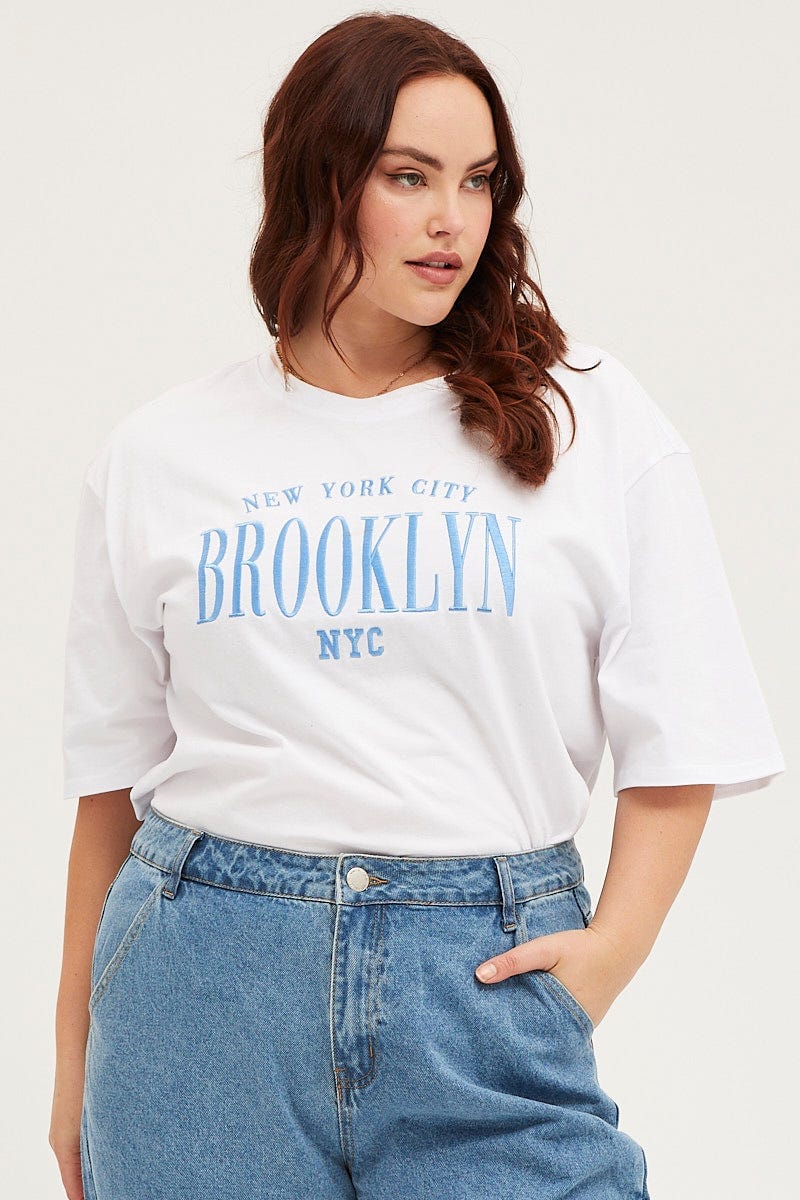 White Oversized T-shirt Brooklyn Crew Neck Short Sleeve - Image 3