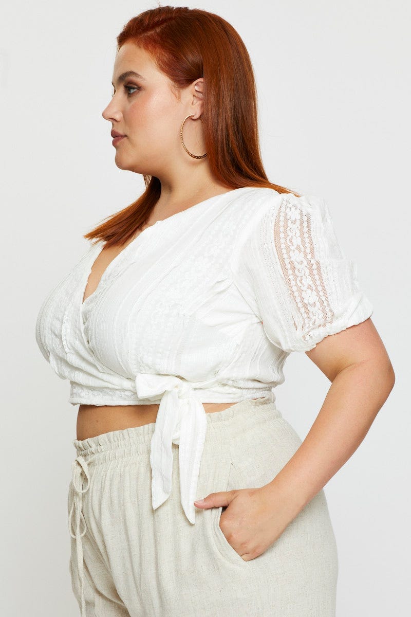 White Peplum Top Lace Flutter Sleeve Wrap Front Tie - Image 4