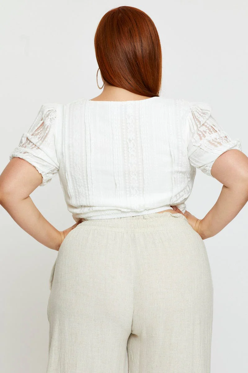 White Peplum Top Lace Flutter Sleeve Wrap Front Tie - Image 5