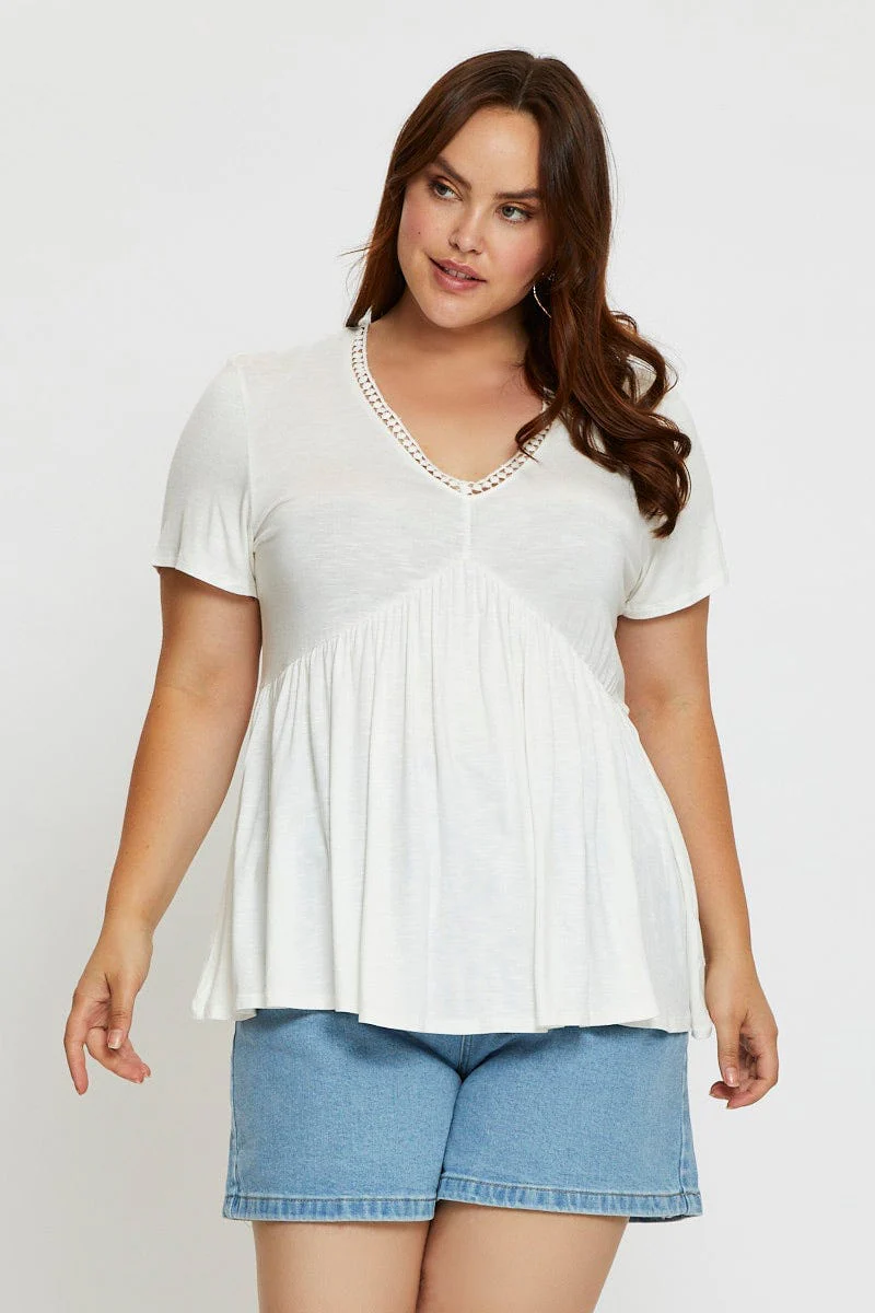 White Peplum Top Lace Trim V-neck Short Sleeve