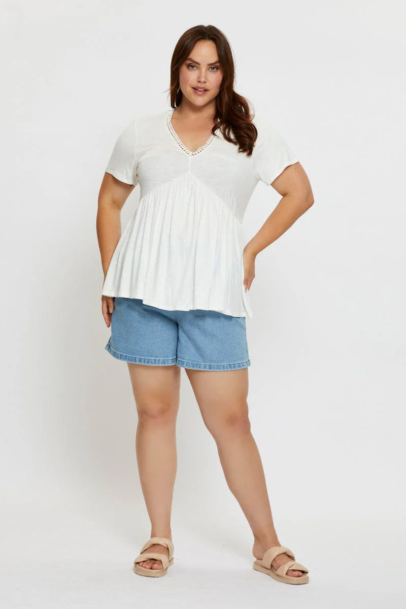 White Peplum Top Lace Trim V-neck Short Sleeve - Image 2
