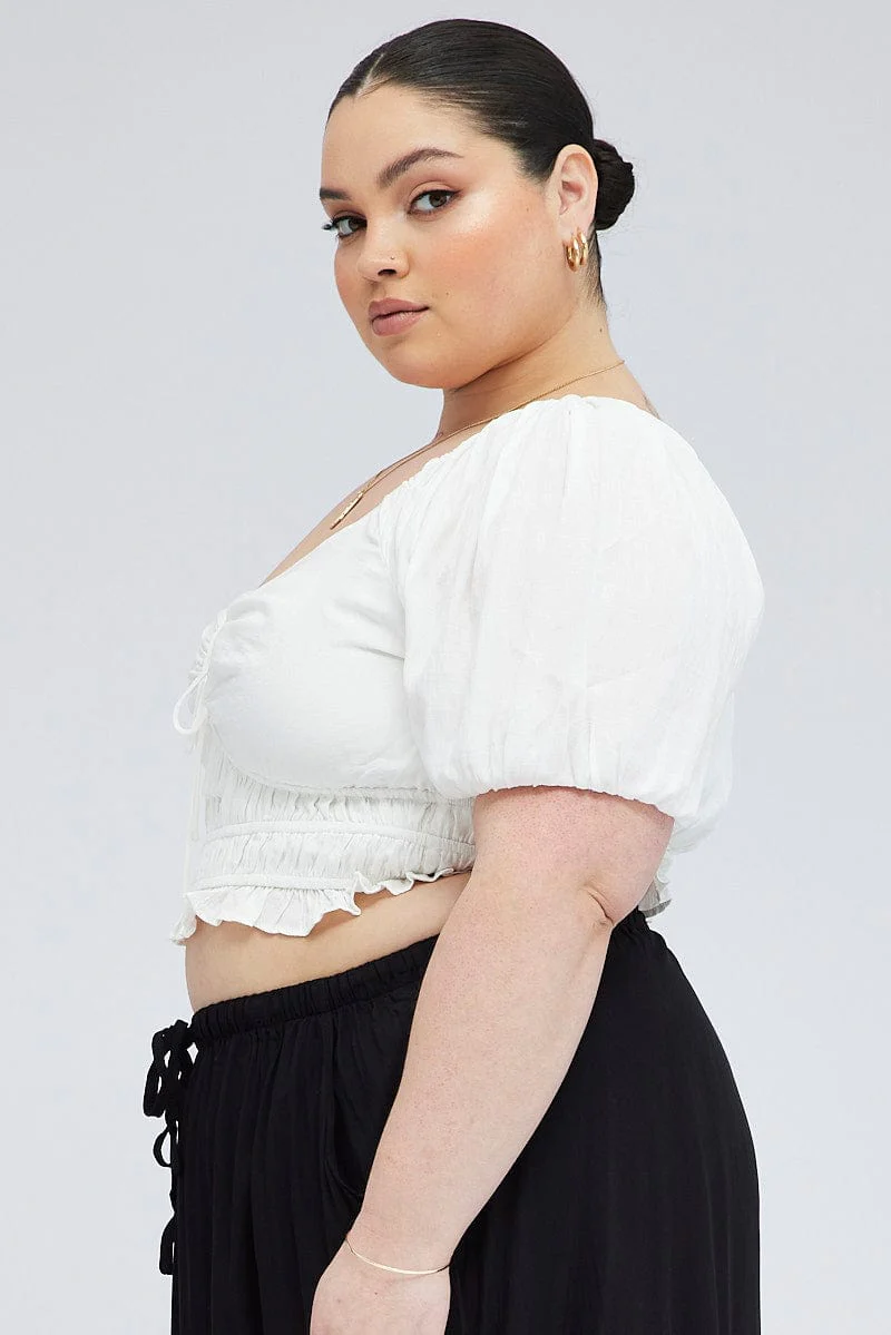 White Peplum Top Short Sleeve Ruched Bust - Image 4