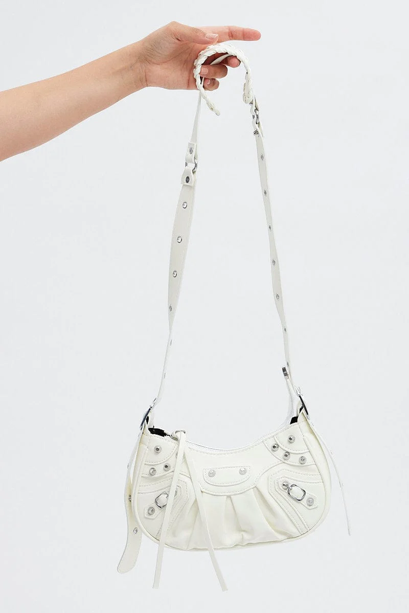 White Pleated Crescent Shoulder Bag With Stud Decor - Image 2