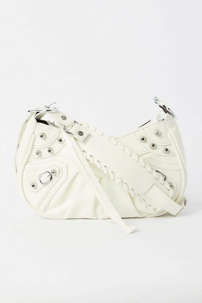 White Pleated Crescent Shoulder Bag With Stud Decor - Image 3