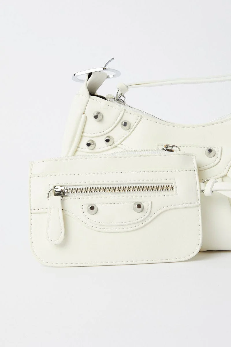 White Pleated Crescent Shoulder Bag With Stud Decor - Image 4