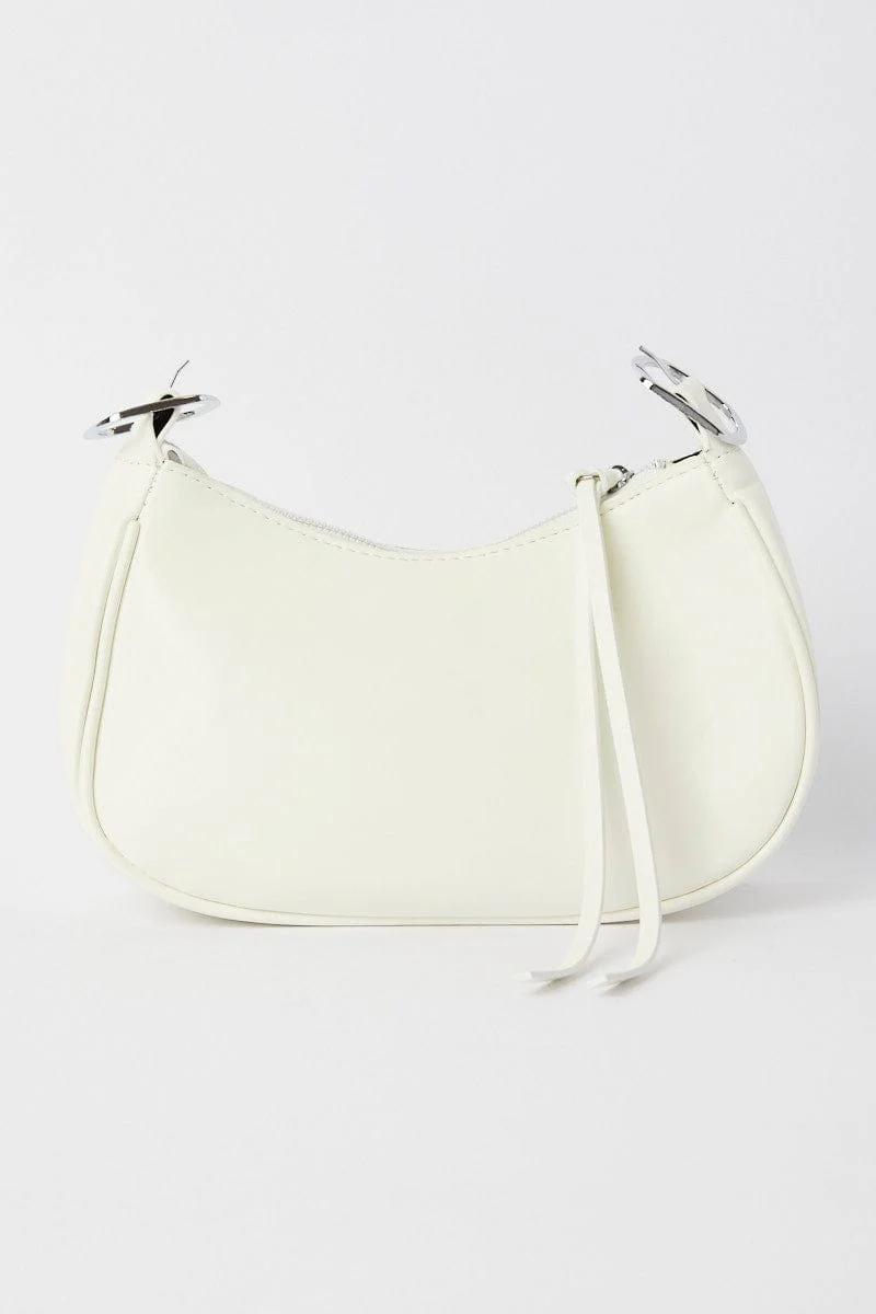 White Pleated Crescent Shoulder Bag With Stud Decor - Image 5