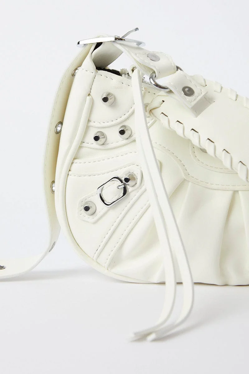White Pleated Crescent Shoulder Bag With Stud Decor - Image 6