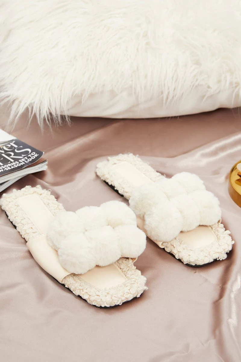 White Plus Pom Pom Fluffy Faux Fur Slider Slippers - Image 2