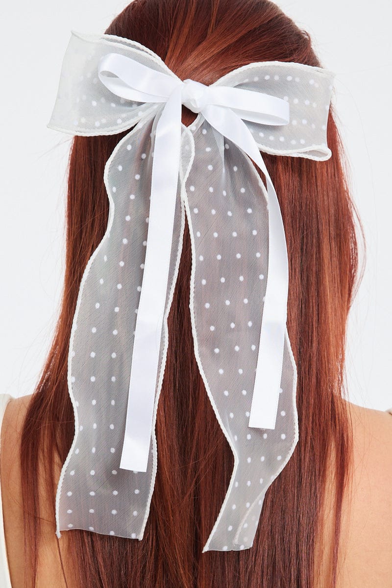 White Polka Dot Organza Hair Bow - Image 2