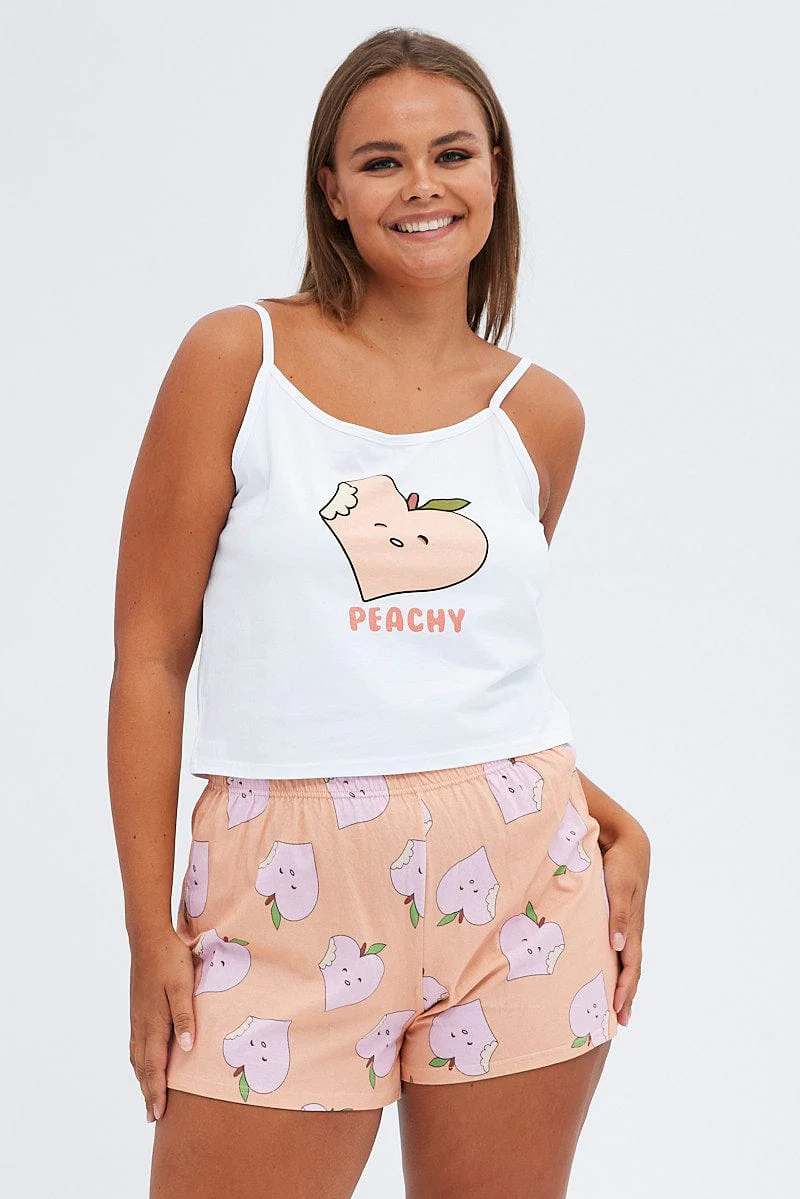 White Print Peach Pj Graphic Slogan Singlet Pyjama Set - Image 3