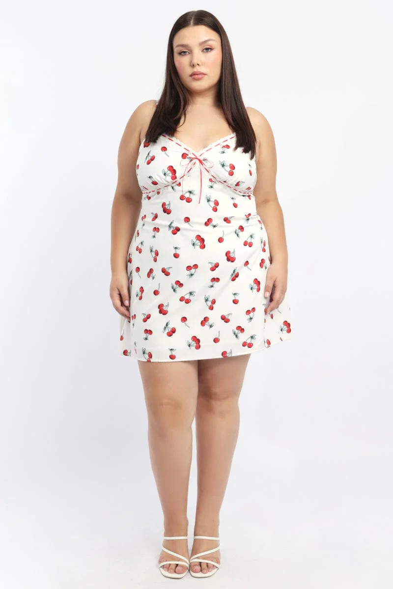 White Print Ribbon Trim Cherry Print Cami Slip Dress - Image 2
